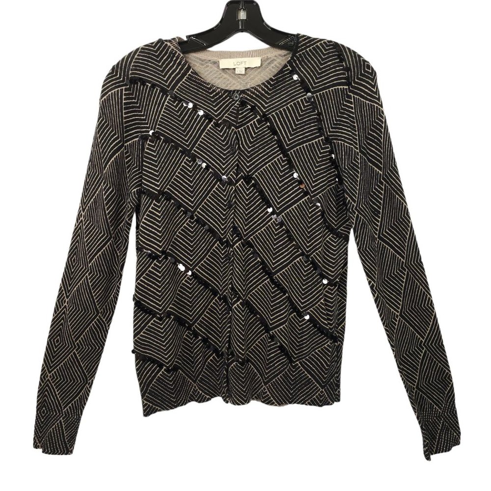 Ann Taylor Loft Button Front Knit Cardigan M Geometric Sequins Light Weight NEW